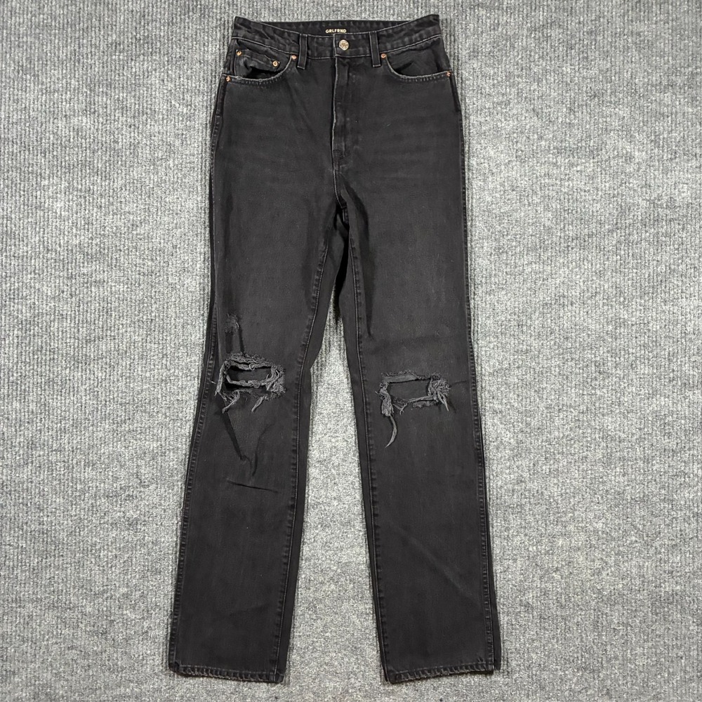 GRLFRND The Sara Super High Rise Slim Straight Jeans W27" Black Distressed Denim